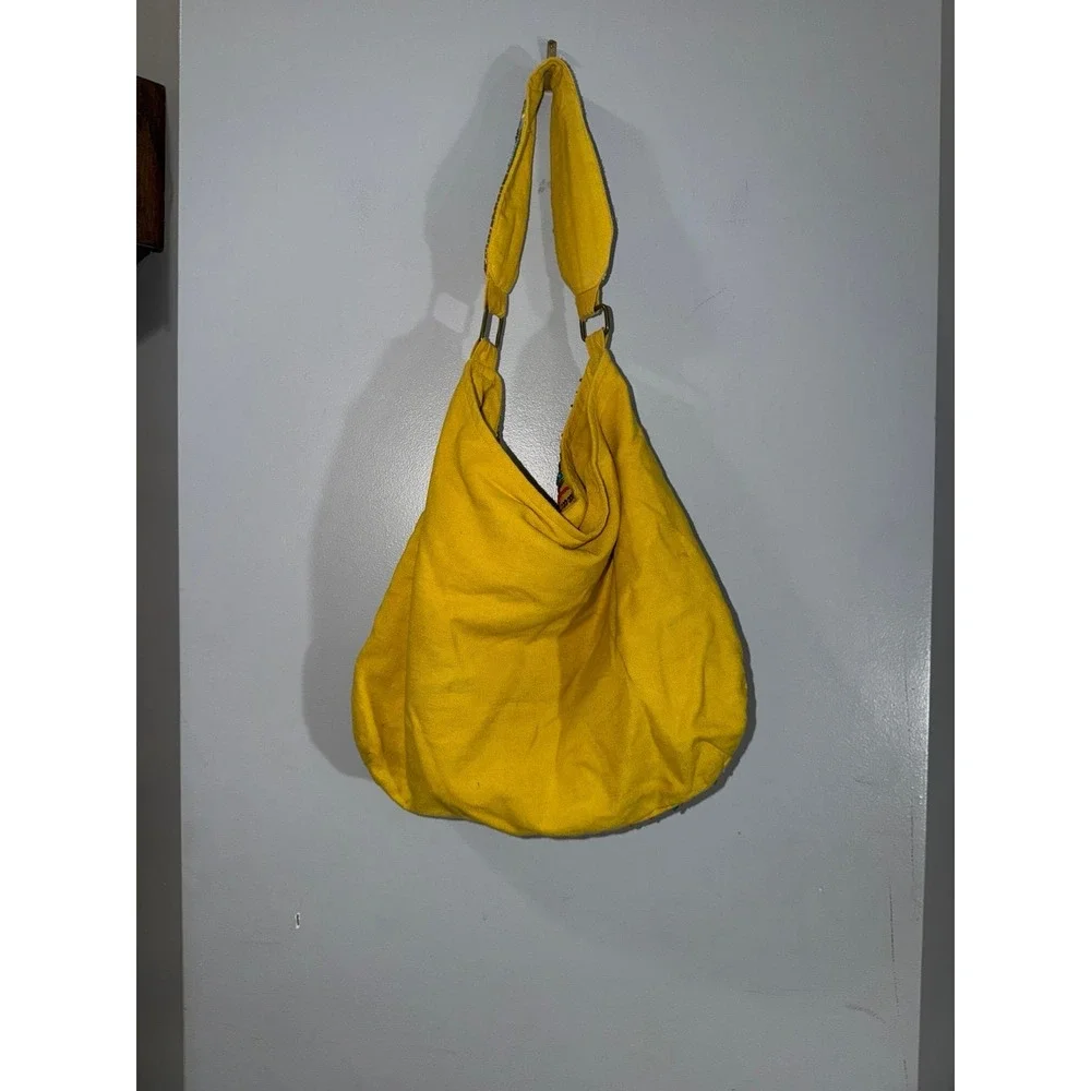 Vintage Nine West yellow canvas hobo bag sequin seed bead embellishment large
